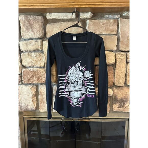Hustler Hollywood Tops - VTG Y2K Hustler Hardcore Long Sleeve Thermal Waffle Skull Paper Tag Rose XS/S
